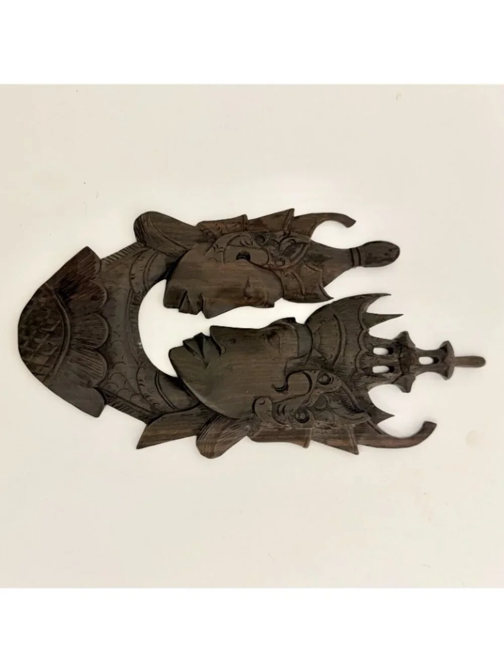 Hand Carved Wood Thai Rama Sita Couple Wall Plaque Asian Temple Decor 11.5”